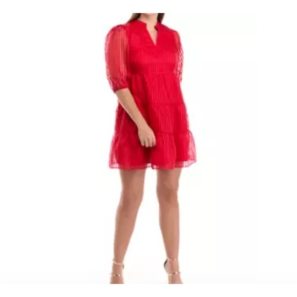 New!‎ CROWN & IVY Size Medium Sheer Red Stripe Puff Sleeve Ruffled Mini Dress - Picture 1 of 12